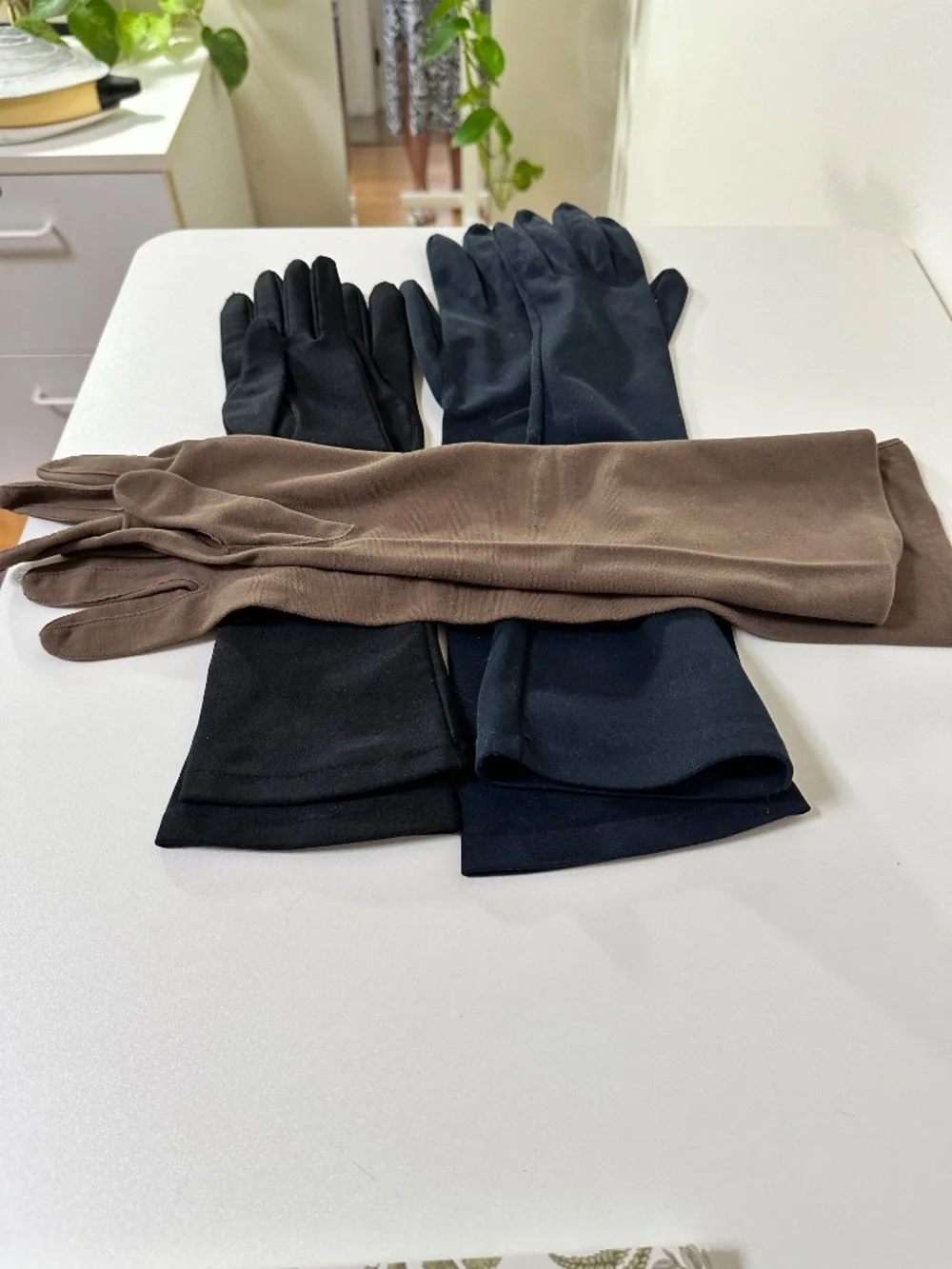 Three Pairs Vintage 1950s Gloves Long Length Size 7 Black Blue Taupe